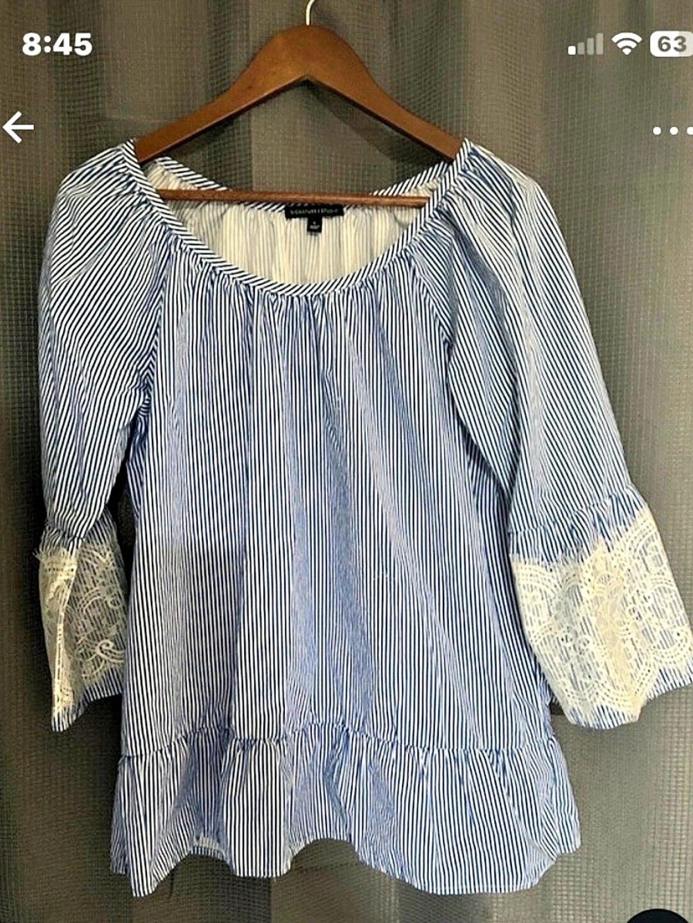 Blue and White Striped Bell Sleeve Blouse with Lace Cuffs Blue